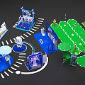 Exhibition Booth Setup With Blue Stalls Green Areas People Figures And Windmill