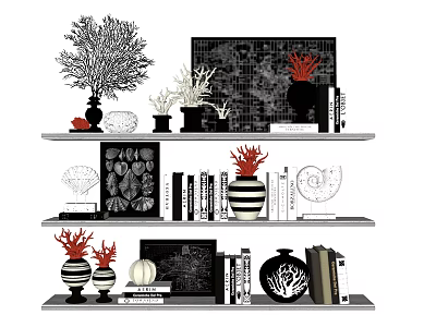 Modern Decorative Ornament Set with Coral Vases Books and Frames on Shelves 3d model