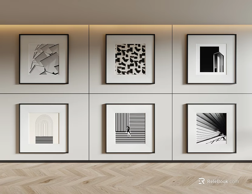 Framed Black And White Abstract Artworks On Light Colored Wall With Wooden Floor 3d model 