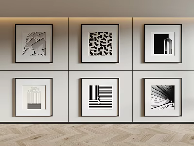 Framed Black And White Abstract Artworks On Light Colored Wall With Wooden Floor 3d model
