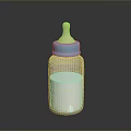 White Baby Bottle With Blue Cap And Wooden Nipple Containing Liquid For Feeding