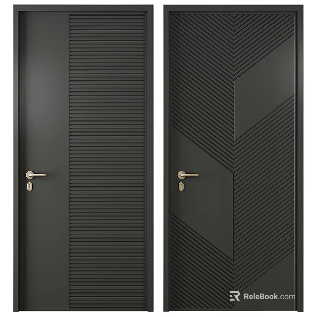 Modern Dark Gray Hinged Doors With Vertical Stripes Herringbone Patterns And Golden Handles Design 3d model 