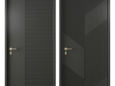 Modern Dark Gray Hinged Doors With Vertical Stripes Herringbone Patterns And Golden Handles Design 3d model