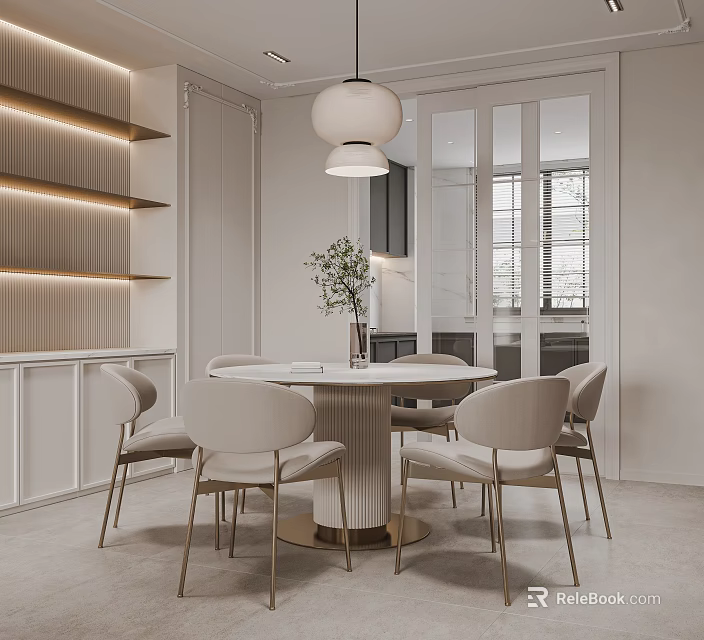 Minimalist Dining Room Interior With Round Table Light Colored Chairs And Pendant Light 3d model