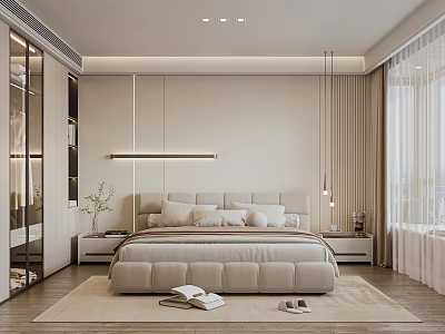 Modern Bedroom Interior With Upholstered Bed Pillows Pendant Lights And Wooden Floor Rug 3d model