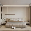 Modern Bedroom Interior With Upholstered Bed Pillows Pendant Lights And Wooden Floor Rug