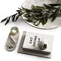 Decorative Ornament Set with Books Stone Sculpture Ceramic Plate Green Leaves and Candle