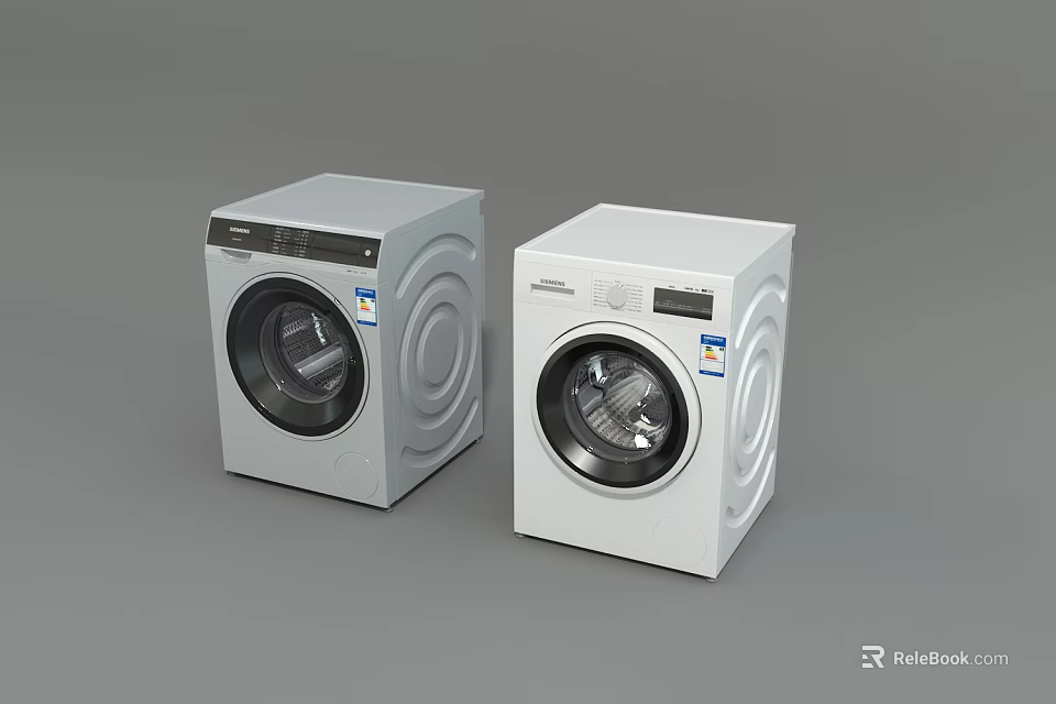 Modern Two White and Light Gray Washing Machines with Round Doors and Top Control Panels 3d model 