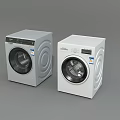 Modern Two White and Light Gray Washing Machines with Round Doors and Top Control Panels