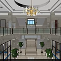 Modern Reception Area Interior Design With Chandelier Glass Railing And Sofa