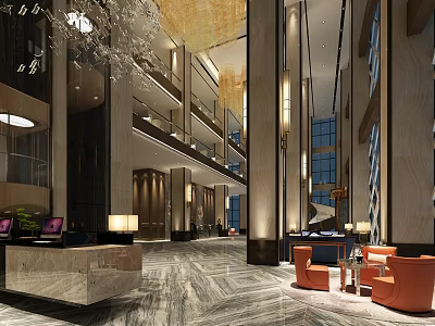 Luxurious Hotel Lobby Interior With High Ceiling Reception Desk And Orange Sofas 3d model