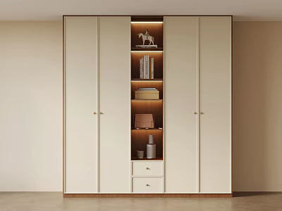 Modern Wardrobe Design With Light Colored Doors Open Shelves Drawers Decorative Items And Books 3d model