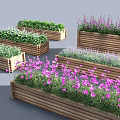 Decorative Wooden Garden Planters With Colorful Flowers And Lush Green Plants