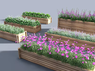 Decorative Wooden Garden Planters With Colorful Flowers And Lush Green Plants 3d model