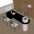 Modern Dining Table Set With Black Table Four Chairs White Cushions And Potted Plant