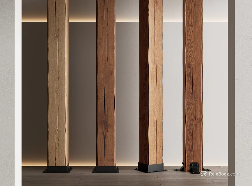 Wooden Columns With Natural Grain And Black Bases In Modern Interior Space 3d model 