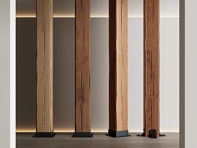 Wooden Columns With Natural Grain And Black Bases In Modern Interior Space 3d model