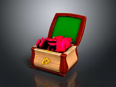 Open Wooden Chest With Green Lining Yellow Clasp And Red Daily Necessities 3d model