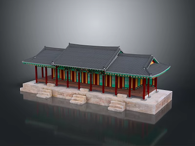 Traditional Architectural Building with Black Tile Roof Green Eaves Red Columns Stone Platform and Steps 3d model