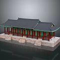 Traditional Architectural Building with Black Tile Roof Green Eaves Red Columns Stone Platform and Steps