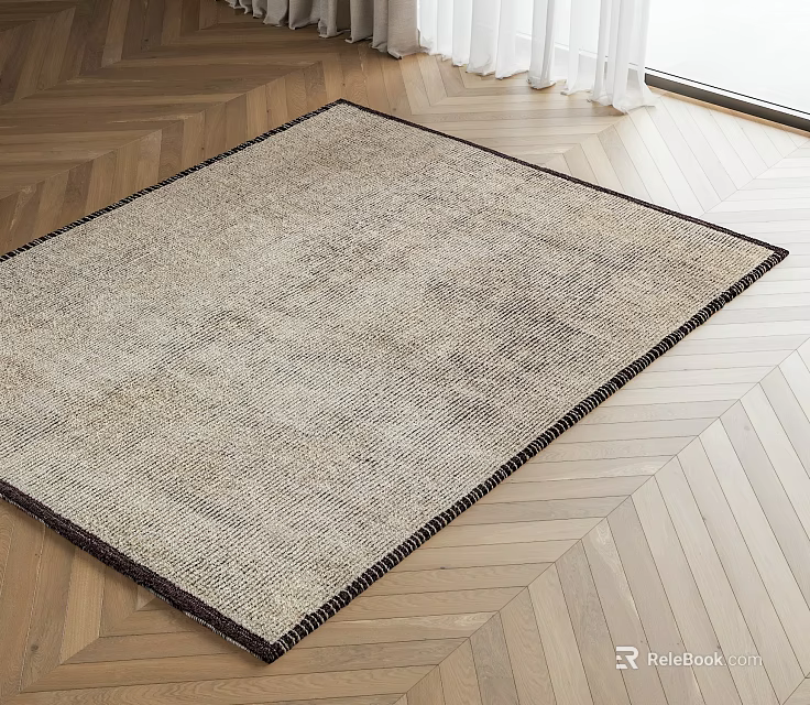 Neutral Tone Square Rug on Herringbone Wooden Floor with Dark Border and Natural Light 3d model 