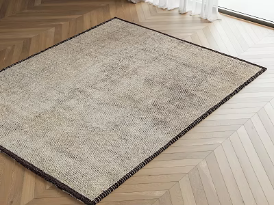 Neutral Tone Square Rug on Herringbone Wooden Floor with Dark Border and Natural Light 3d model