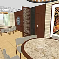 Elegant Restaurant Interior With Round Tables Wooden Chairs Chandeliers Piano TV and Decorative Painting