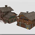 Traditional Wooden Houses With Gabled Roofs Chimneys Staircase Balcony Flowers Doors And Windows