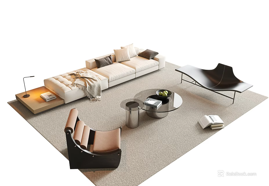 Modern Sofa Coffee Table Set With Round Table Accent Chair And Area Rug 3d model