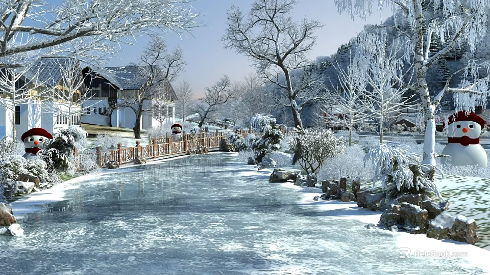 Snowy Winter Landscape With Frozen Stream Wooden Cabin Bridge And Snow Covered Trees 3d model 