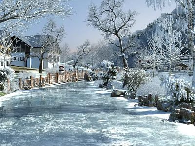 Snowy Winter Landscape With Frozen Stream Wooden Cabin Bridge And Snow Covered Trees 3d model