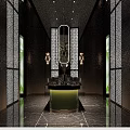 Modern Hotel Corridor With Wooden Doors Black Lines Lattice Glass Panels And White Floor