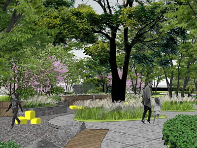 Lush Garden Landscape Design with Diverse Trees Pink Flowers Stone Paths and People Walking 3d model