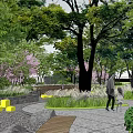 Lush Garden Landscape Design with Diverse Trees Pink Flowers Stone Paths and People Walking