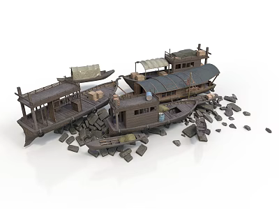 Vintage Wooden Boats With Canopies And Scattered Stone Debris Pieces 3d model