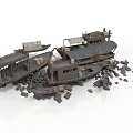 Vintage Wooden Boats With Canopies And Scattered Stone Debris Pieces