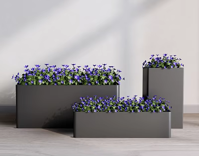 Modern Indoor Potted Plants In Grey Rectangular Planters With Purple Flowers And Green Leaves 3d model