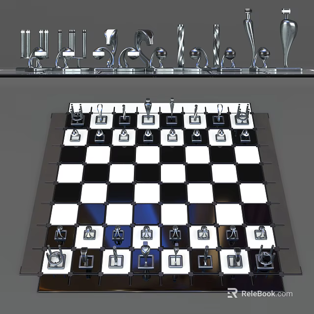Elegant Chess Board Game Entertainment With Metallic Pieces On Black White Squares For Leisure 3d model 
