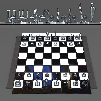 Elegant Chess Board Game Entertainment With Metallic Pieces On Black White Squares For Leisure 3d model