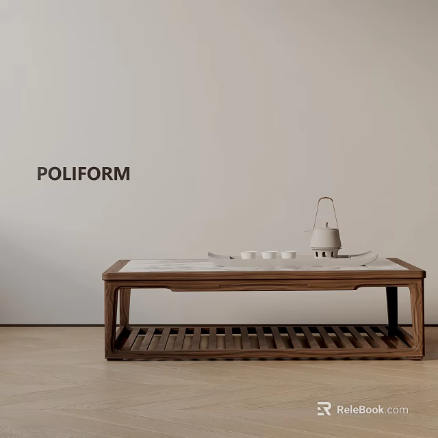 Modern Sofa Coffee Table Set With Wooden Lattice Design And Tea Set Interior 3d model