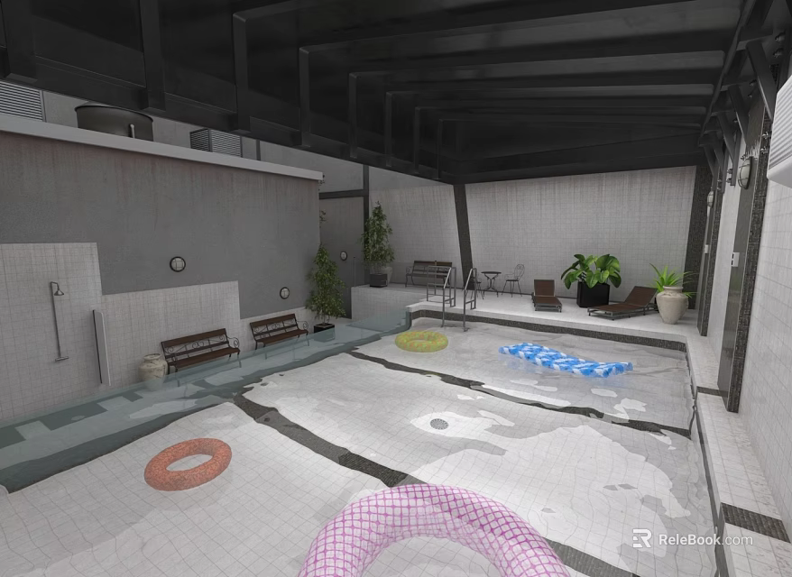 Indoor Swimming Pool Area With Float Rings Benches Plants And Tiled Floor 3d model 