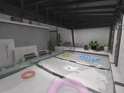 Indoor Swimming Pool Area With Float Rings Benches Plants And Tiled Floor 3d model