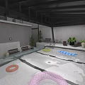 Indoor Swimming Pool Area With Float Rings Benches Plants And Tiled Floor