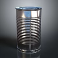 Silver Industrial Metal Can With Ribbed Surface Standing On Dark Shiny Background