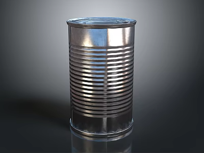 Silver Industrial Metal Can With Ribbed Surface Standing On Dark Shiny Background 3d model