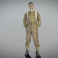 A Man Wearing Khaki Overalls With Suspenders And Long Sleeve Shirt In Standing Pose
