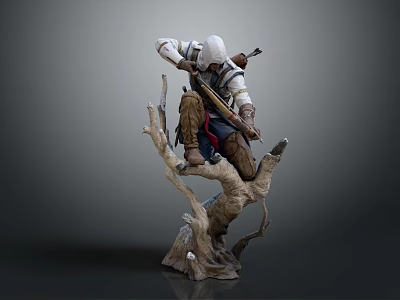 Detailed Assassin Game Character Statue With White Hood Arrow Quiver Standing On Tree Branch 3d model