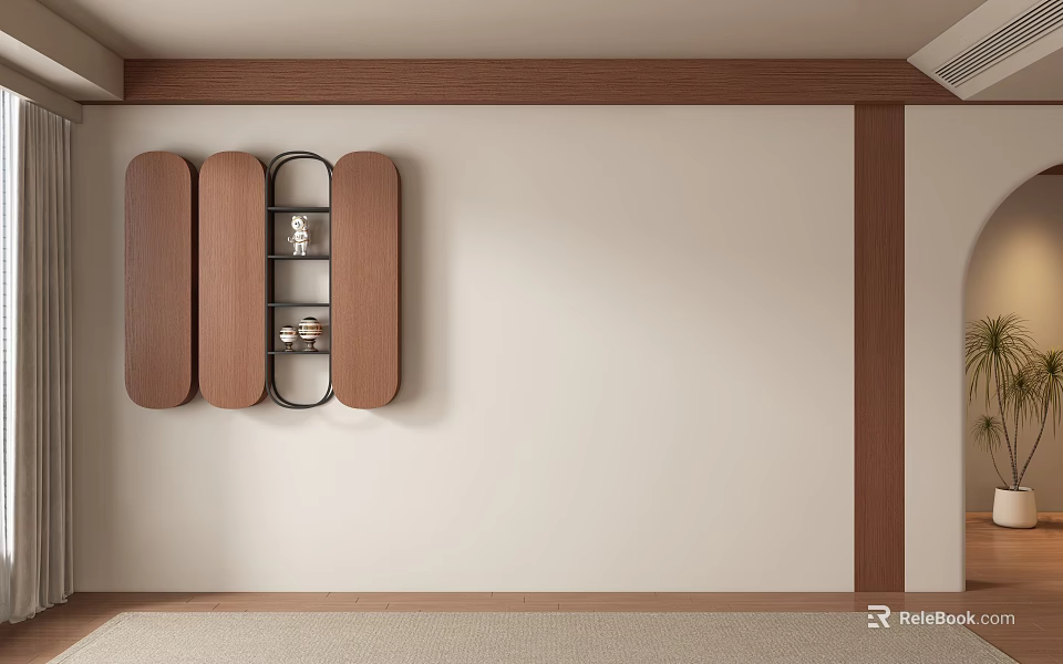 Modern Minimalist Sofa Background Wall With Wooden Panels And Floating Shelves 3d model 