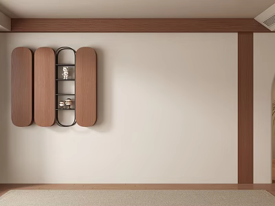 Modern Minimalist Sofa Background Wall With Wooden Panels And Floating Shelves 3d model