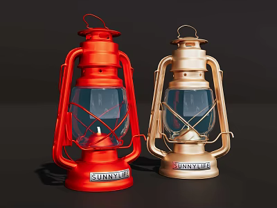 SUNNYLITE Red And Gold Kerosene Lanterns With Glass Shades And Metal Frames 3d model